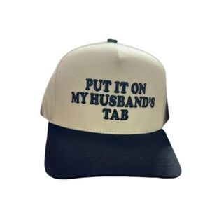 NWT “Put It On My Husbands Tab” Cap in Cream/Black